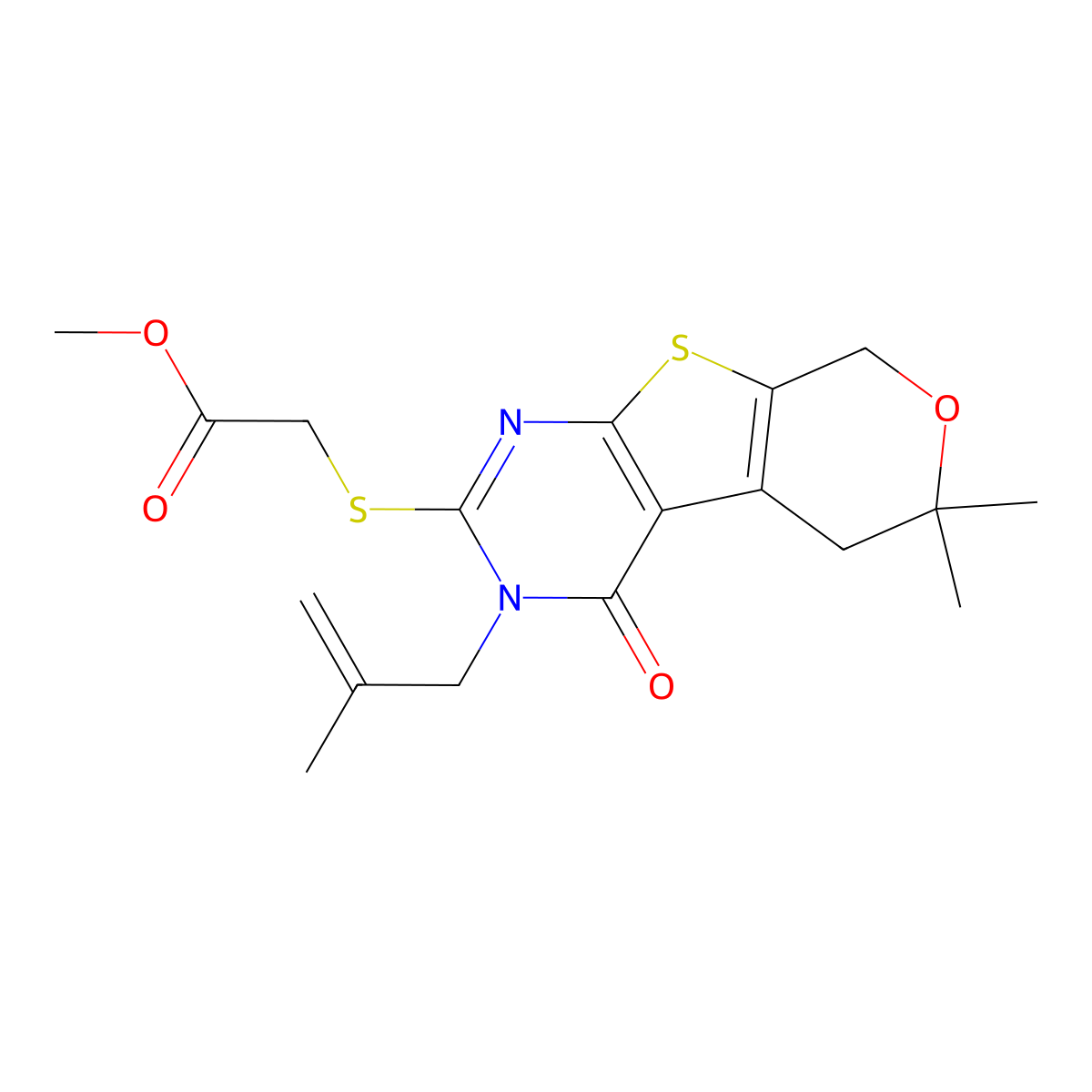 methyl {[6,6-dimethyl-3-(2-methyl-2-propenyl)-4-oxo-3,5,6,8-tetrahydro-4H-pyrano[4',3':4,5]thieno[2,3-d]pyrimidin-2-yl]sulfanyl}acetate molecular structure, CAS 351007-22-2