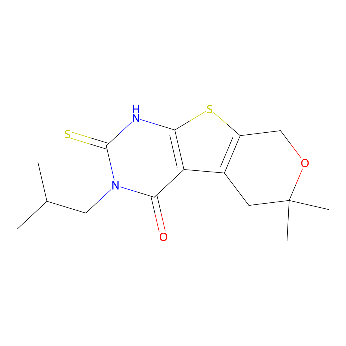 3-isobutyl-6,6-dimethyl-2-thioxo-1,2,3,5,6,8-hexahydro-4H-pyrano[4',3':4,5]thieno[2,3-d]pyrimidin-4-one molecular structure, CAS 351007-23-3