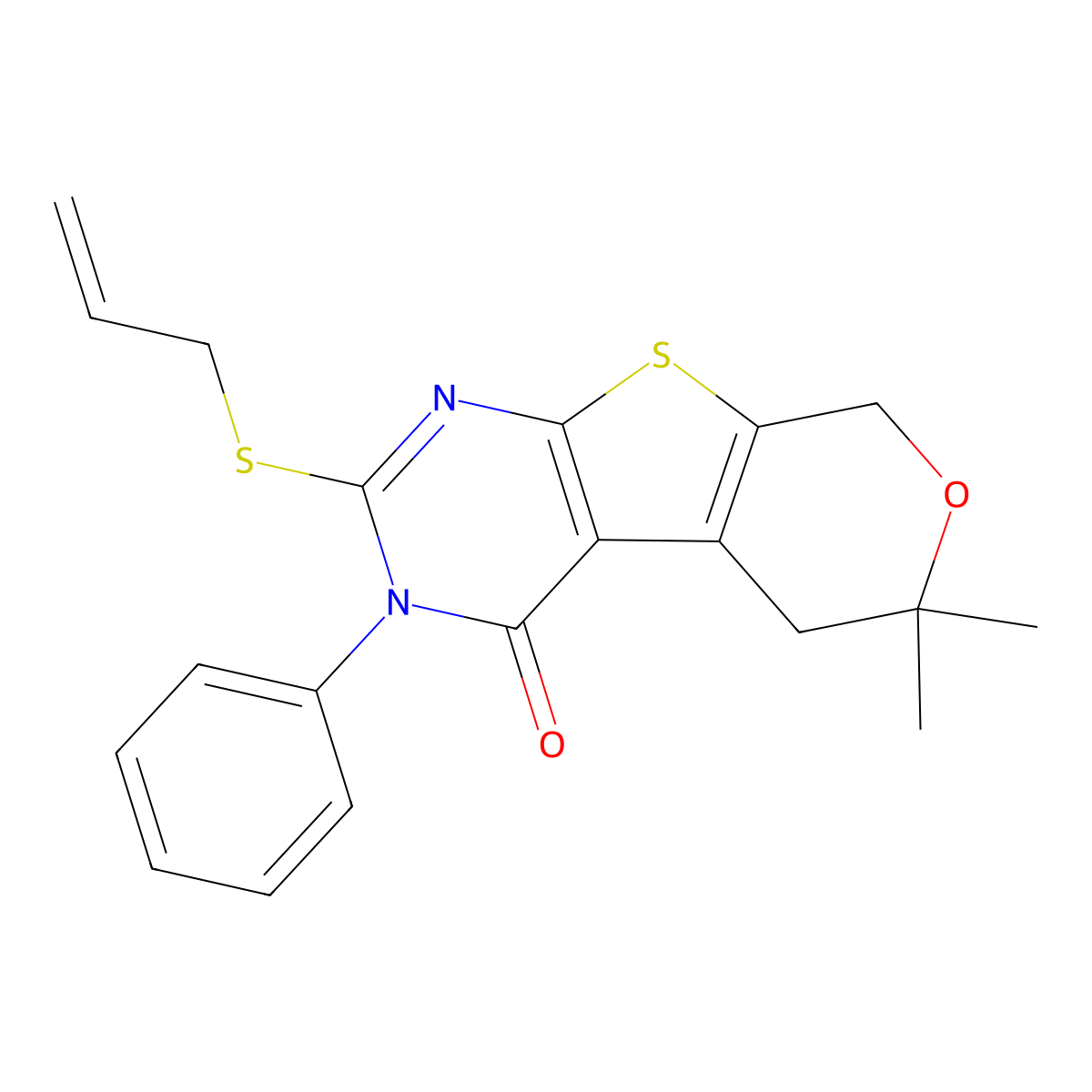 2-(allylsulfanyl)-6,6-dimethyl-3-phenyl-3,5,6,8-tetrahydro-4H-pyrano[4',3':4,5]thieno[2,3-d]pyrimidin-4-one molecular structure, CAS 351007-43-7