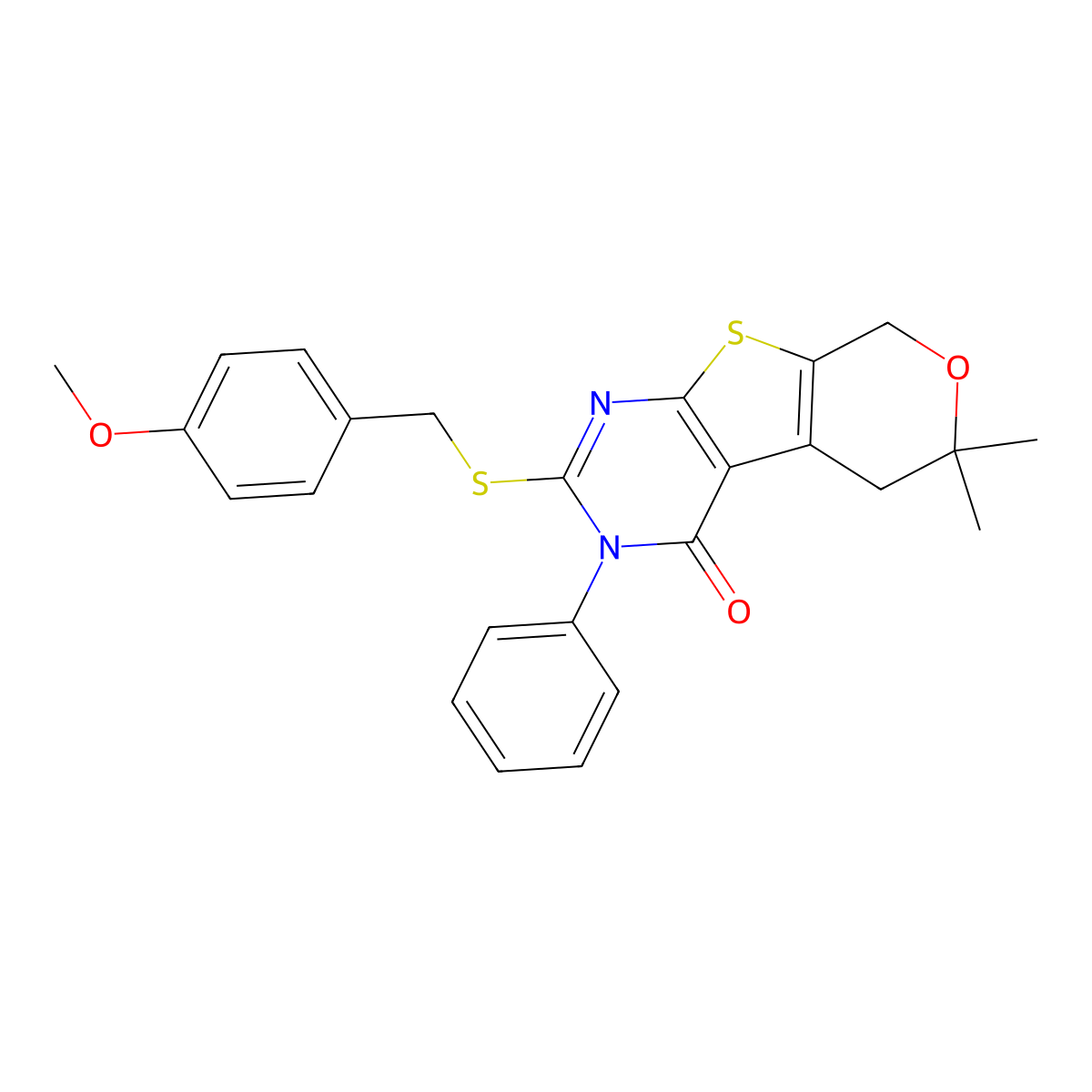 2-[(4-methoxybenzyl)sulfanyl]-6,6-dimethyl-3-phenyl-3,5,6,8-tetrahydro-4H-pyrano[4',3':4,5]thieno[2,3-d]pyrimidin-4-one molecular structure, CAS 351007-50-6