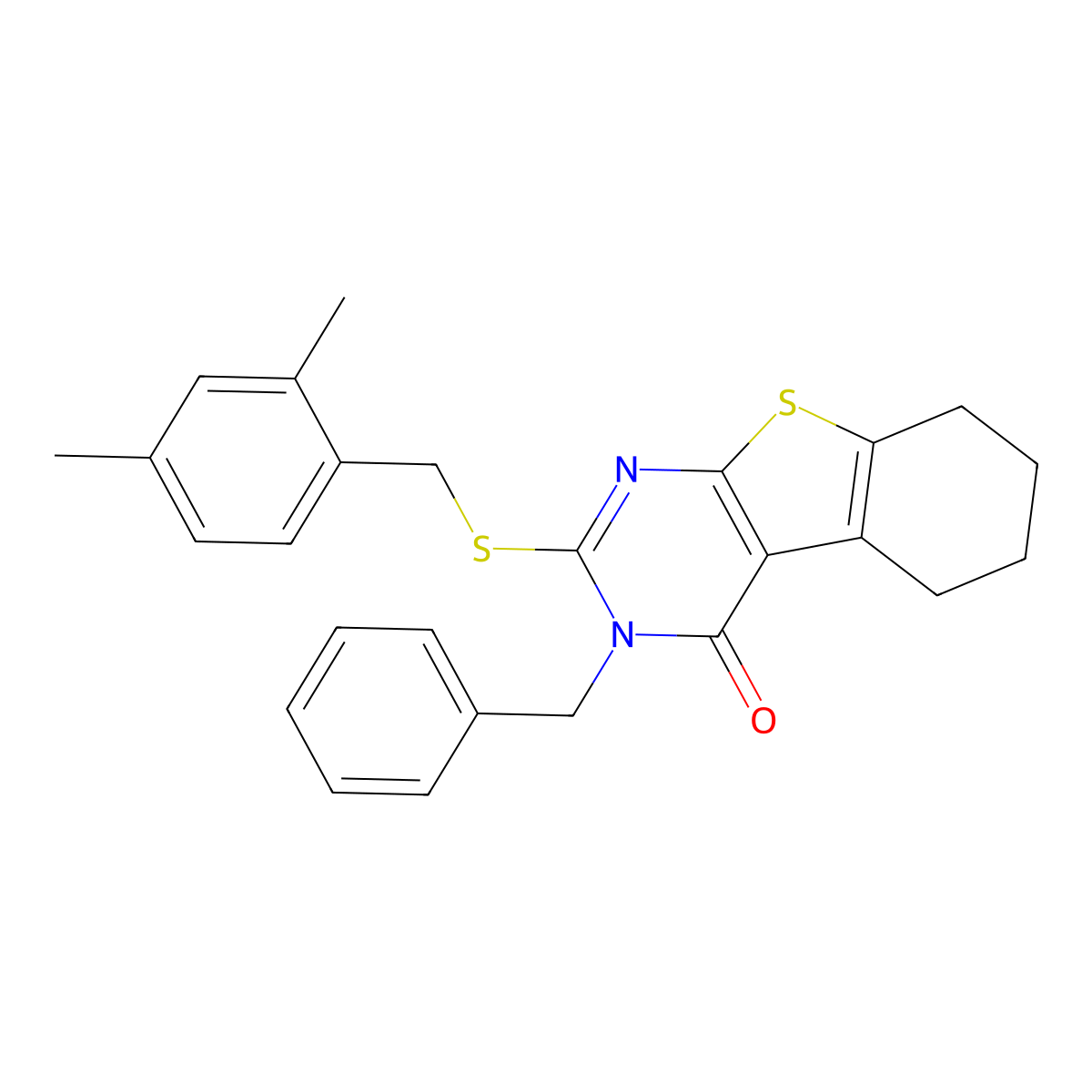 3-Benzyl-2-[(2,4-dimethylphenyl)methylsulfanyl]-5,6,7,8-tetrahydro-[1]benzothiolo[2,3-d]pyrimidin-4-one molecular structure, CAS 351007-57-3