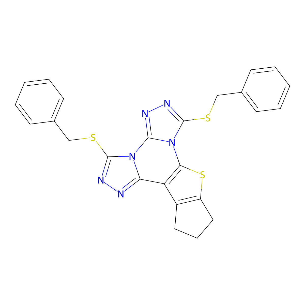 3,7-bis(benzylthio)-11,12-dihydro-10H-cyclopenta[4,5]thieno[3,2-e]bis([1,2,4]triazolo)[4,3-a:4',3'-c]pyrimidine molecular structure, CAS 351007-69-7