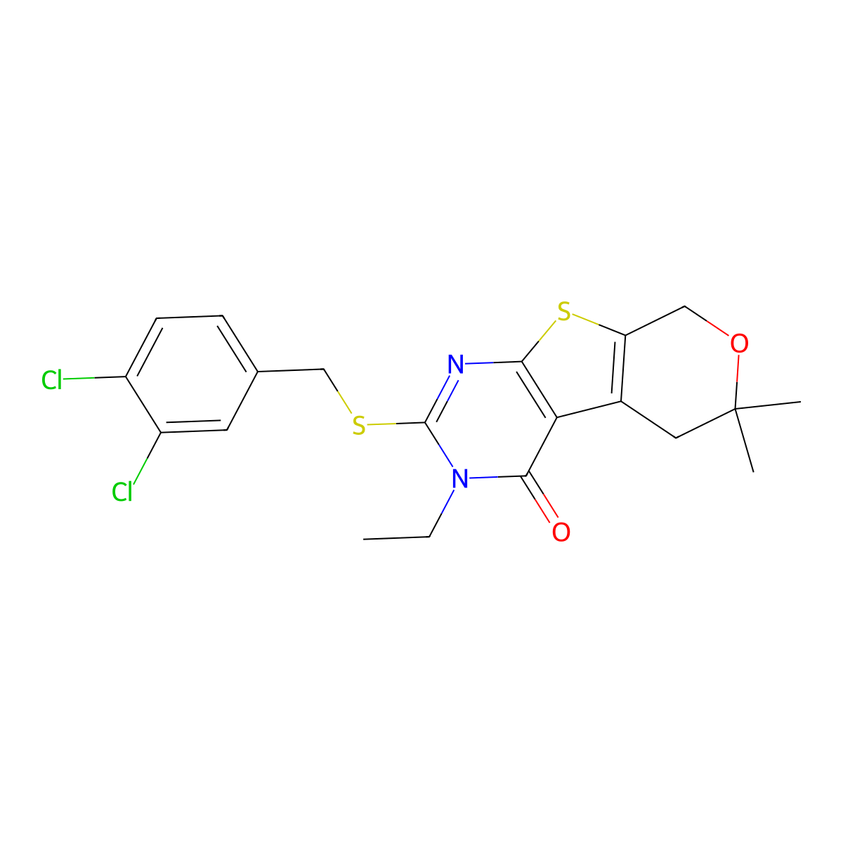 2-[(3,4-dichlorobenzyl)sulfanyl]-3-ethyl-6,6-dimethyl-3,5,6,8-tetrahydro-4H-pyrano[4',3':4,5]thieno[2,3-d]pyrimidin-4-one molecular structure, CAS 351007-85-7