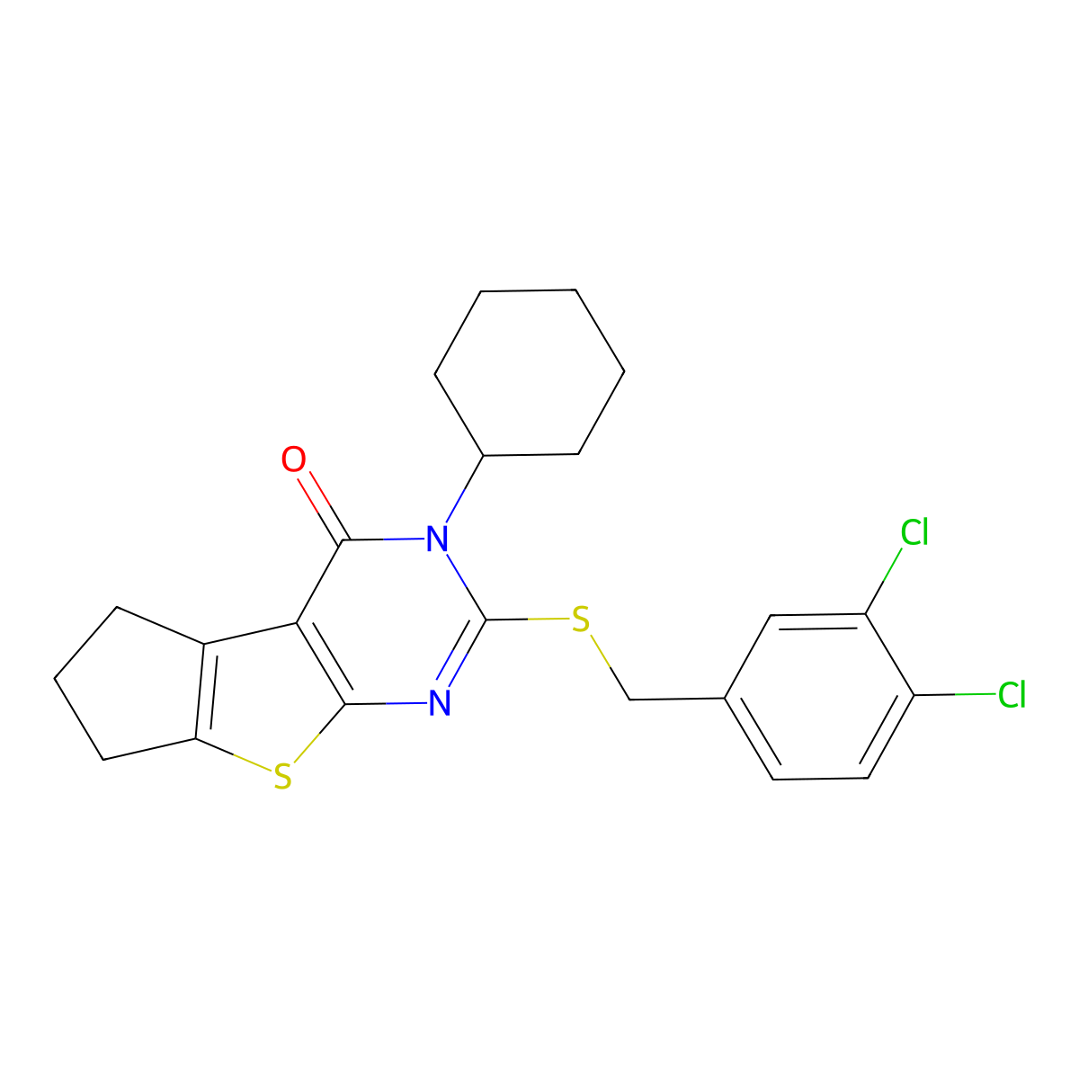 3-cyclohexyl-2-[(3,4-dichlorobenzyl)sulfanyl]-3,5,6,7-tetrahydro-4H-cyclopenta[4,5]thieno[2,3-d]pyrimidin-4-one molecular structure, CAS 351007-99-3