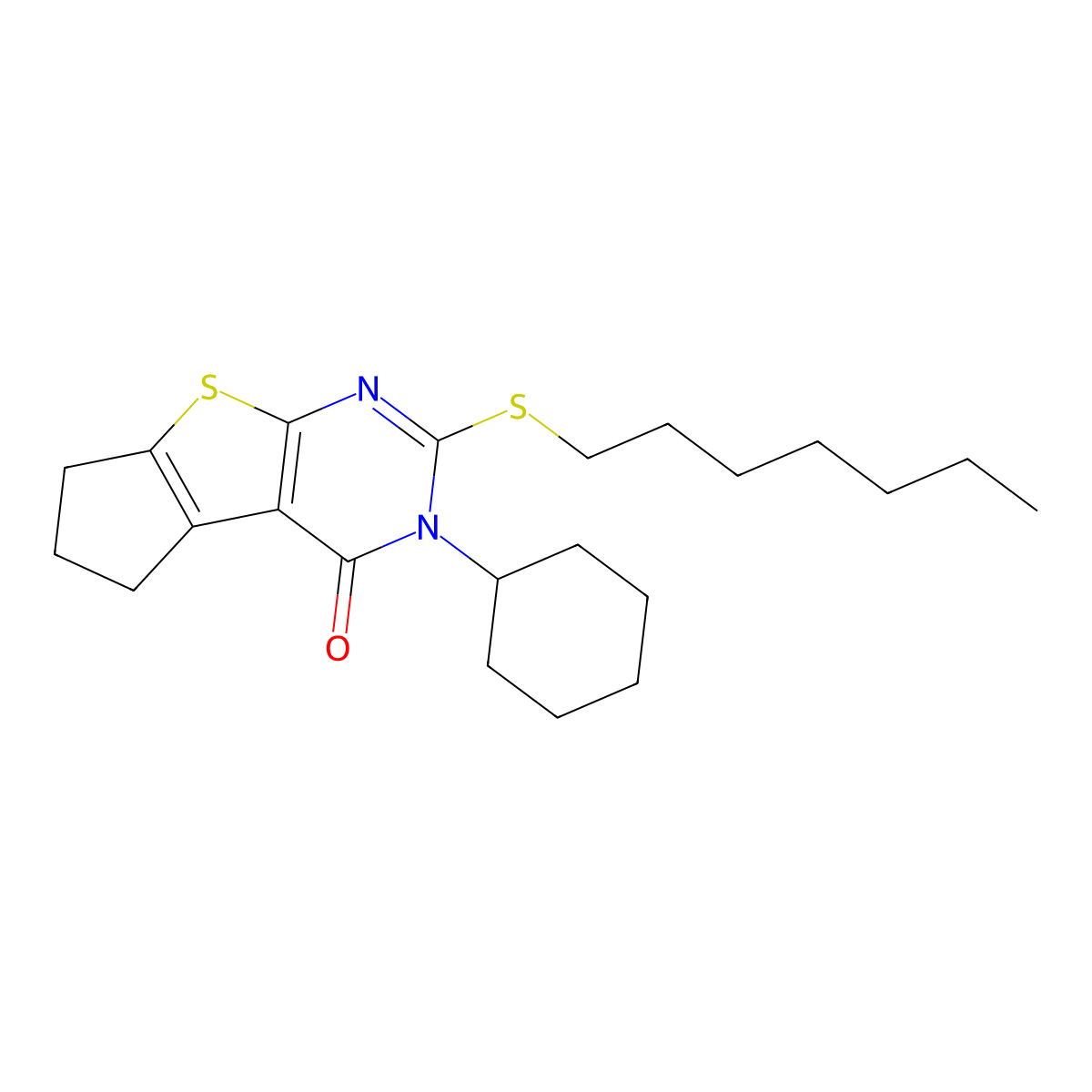 3-cyclohexyl-2-(heptylsulfanyl)-3,5,6,7-tetrahydro-4H-cyclopenta[4,5]thieno[2,3-d]pyrimidin-4-one molecular structure, CAS 351008-00-9