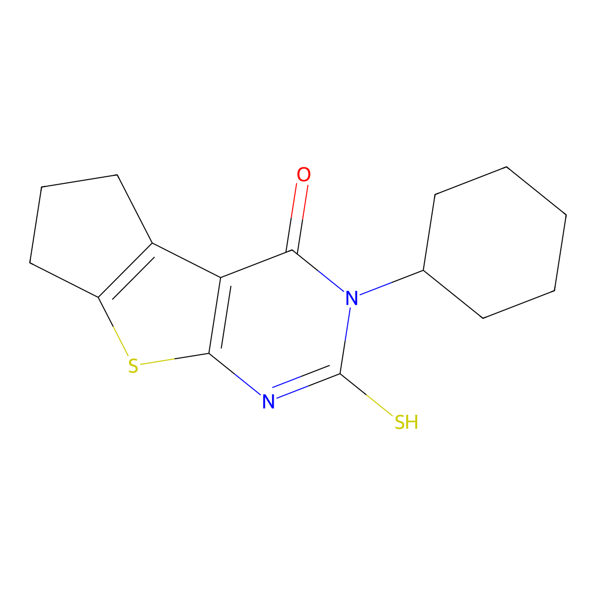 3-cyclohexyl-2-sulfanyl-3,5,6,7-tetrahydro-4H-cyclopenta[4,5]thieno[2,3-d]pyrimidin-4-one molecular structure, CAS 351008-02-1