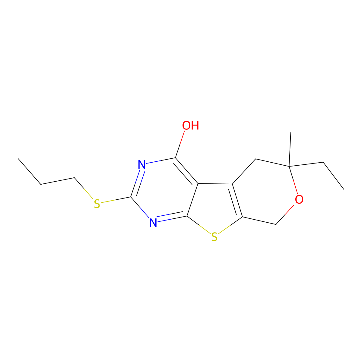 6-ethyl-6-methyl-2-(propylsulfanyl)-5,8-dihydro-6H-pyrano[4',3':4,5]thieno[2,3-d]pyrimidin-4-ol molecular structure, CAS 351008-08-7