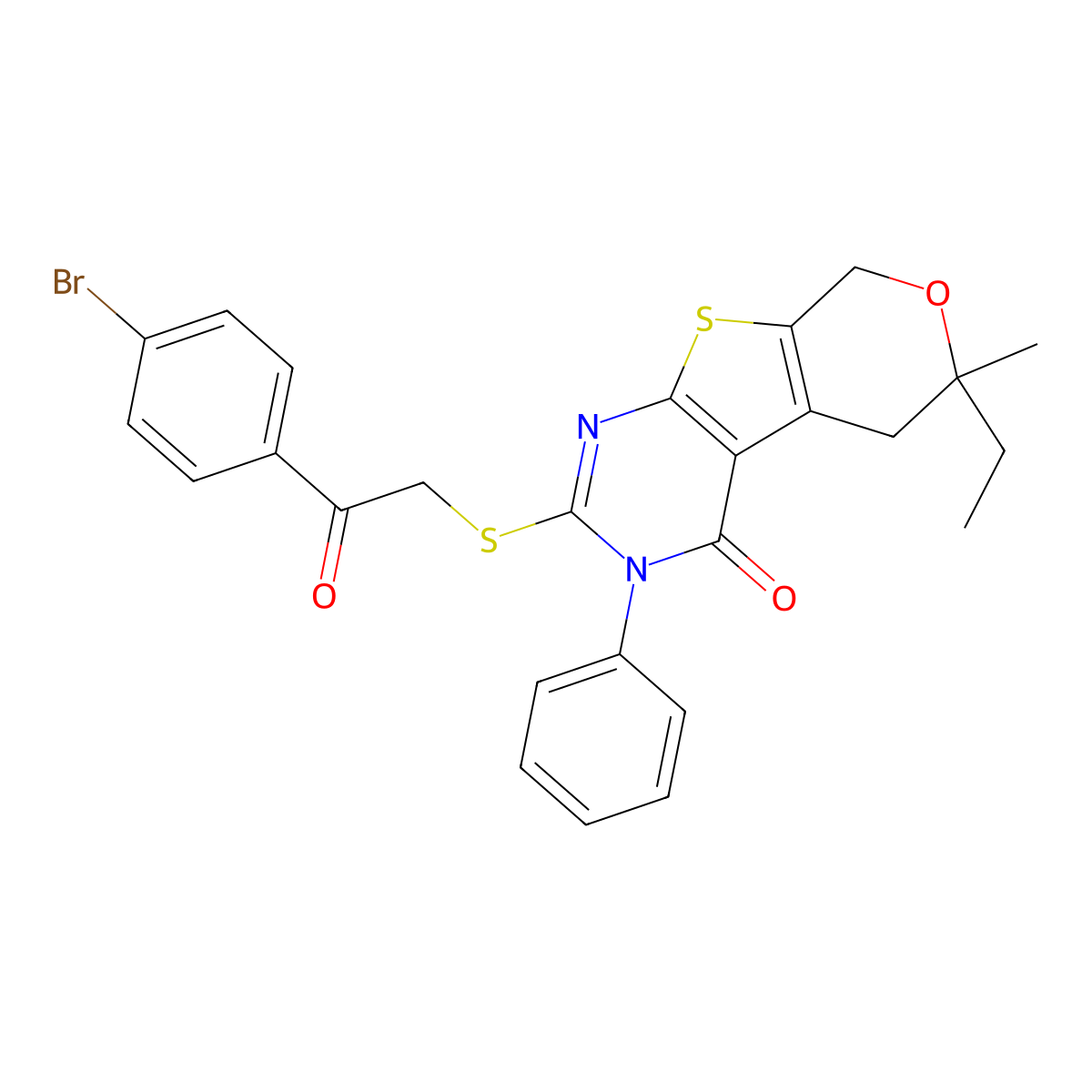 2-{[2-(4-bromophenyl)-2-oxoethyl]sulfanyl}-6-ethyl-6-methyl-3-phenyl-3,5,6,8-tetrahydro-4H-pyrano[4',3':4,5]thieno[2,3-d]pyrimidin-4-one molecular structure, CAS 351008-12-3