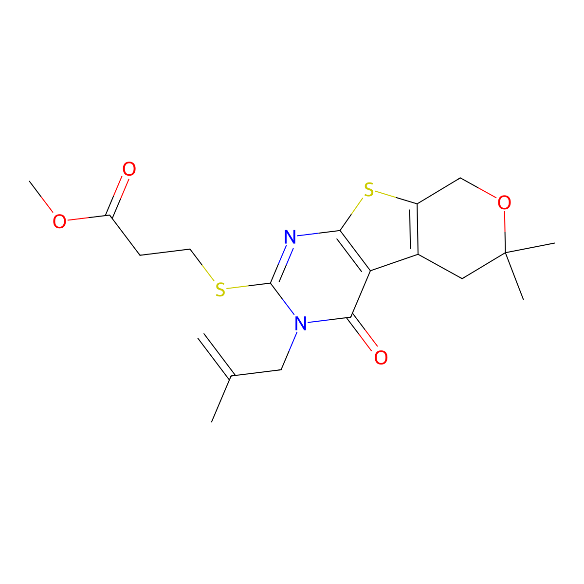 Methyl 3-[[6,6-dimethyl-3-(2-methylprop-2-enyl)-4-oxo-5,8-dihydropyrano[2,3]thieno[2,4-b]pyrimidin-2-yl]sulfanyl]propanoate molecular structure, CAS 351008-25-8