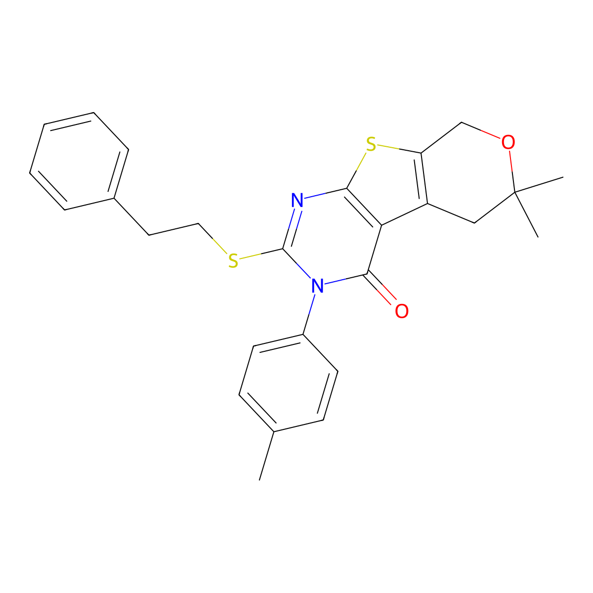 6,6-Dimethyl-3-(4-methylphenyl)-2-(2-phenylethylsulfanyl)-5,8-dihydropyrano[2,3]thieno[2,4-b]pyrimidin-4-one molecular structure, CAS 351008-29-2