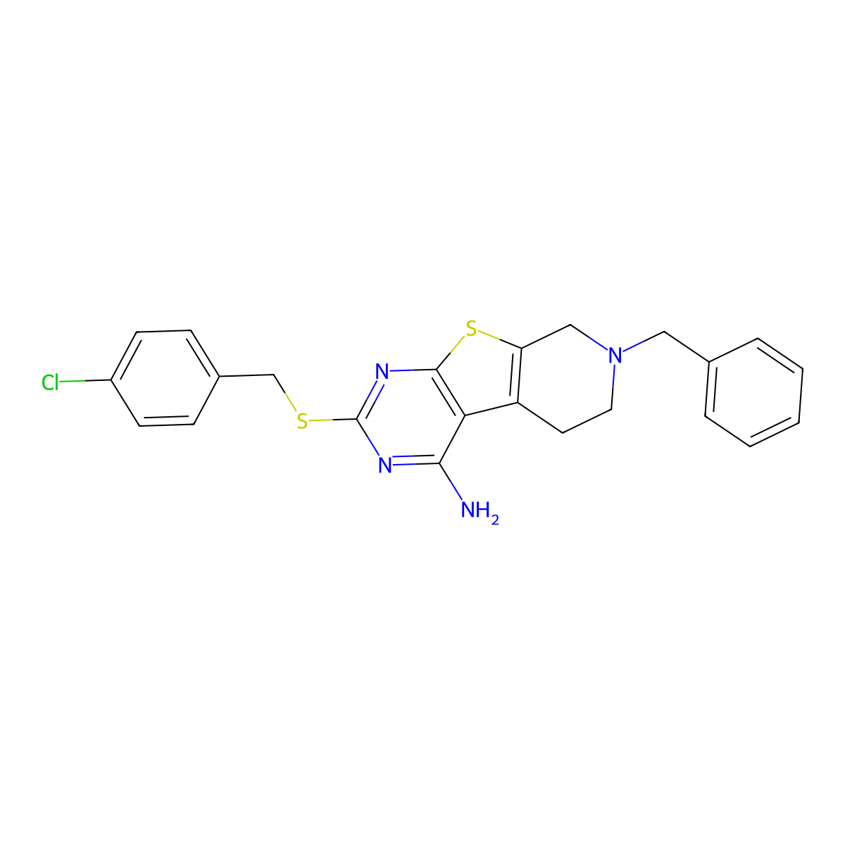 7-Benzyl-2-[(4-chlorobenzyl)sulfanyl]-5,6,7,8-tetrahydropyrido[4',3':4,5]thieno[2,3-d]pyrimidin-4-amine molecular structure, CAS 351008-31-6
