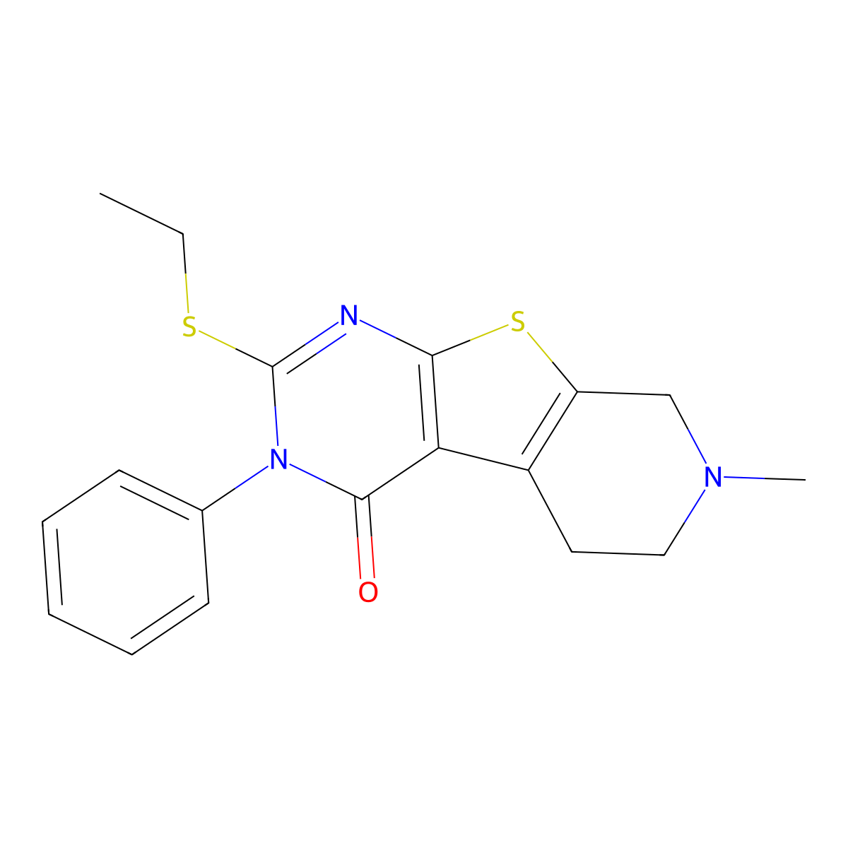 2-Ethylsulfanyl-7-methyl-3-phenyl-5,6,7,8-tetrahydro-3H-9-thia-1,3,7-triaza-fluoren-4-one molecular structure, CAS 351008-38-3