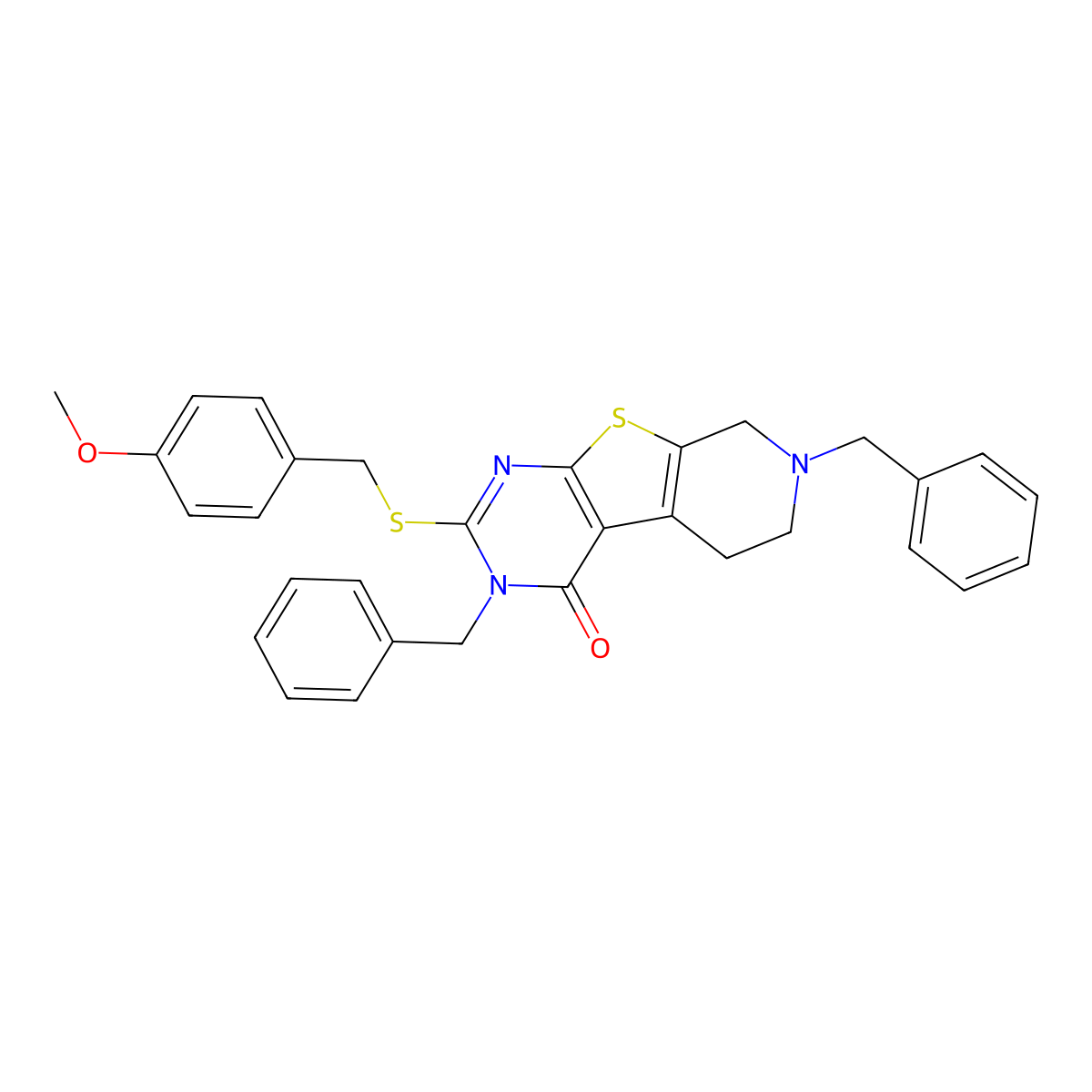 3,7-dibenzyl-2-[(4-methoxybenzyl)sulfanyl]-5,6,7,8-tetrahydropyrido[4',3':4,5]thieno[2,3-d]pyrimidin-4(3H)-one molecular structure, CAS 351008-78-1