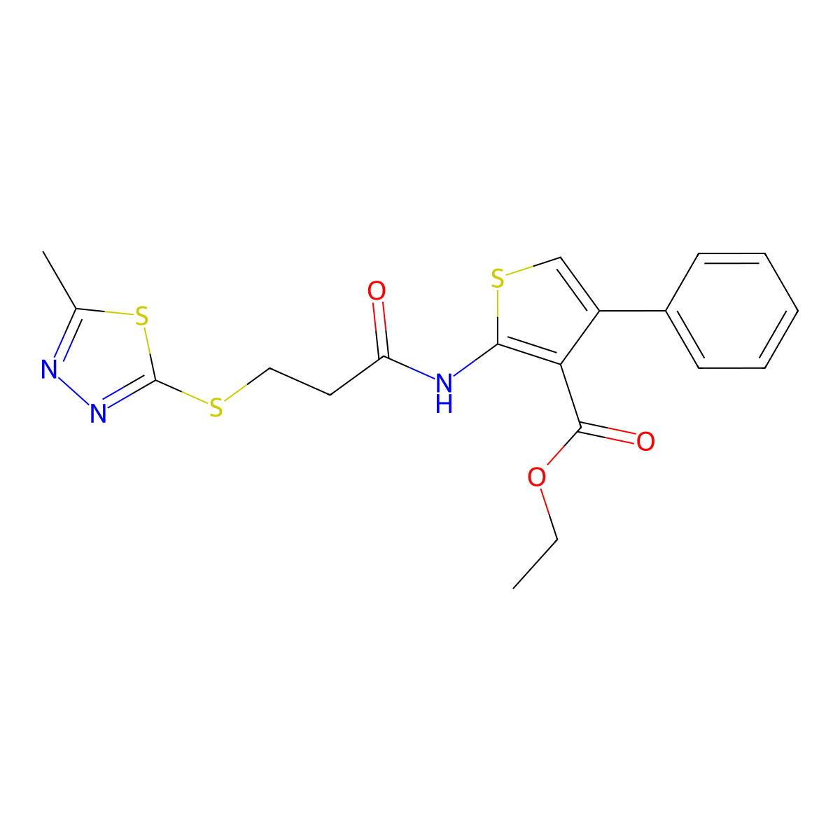Ethyl 2-(3-((5-methyl-1,3,4-thiadiazol-2-yl)thio)propanamido)-4-phenylthiophene-3-carboxylate molecular structure, CAS 351061-38-6