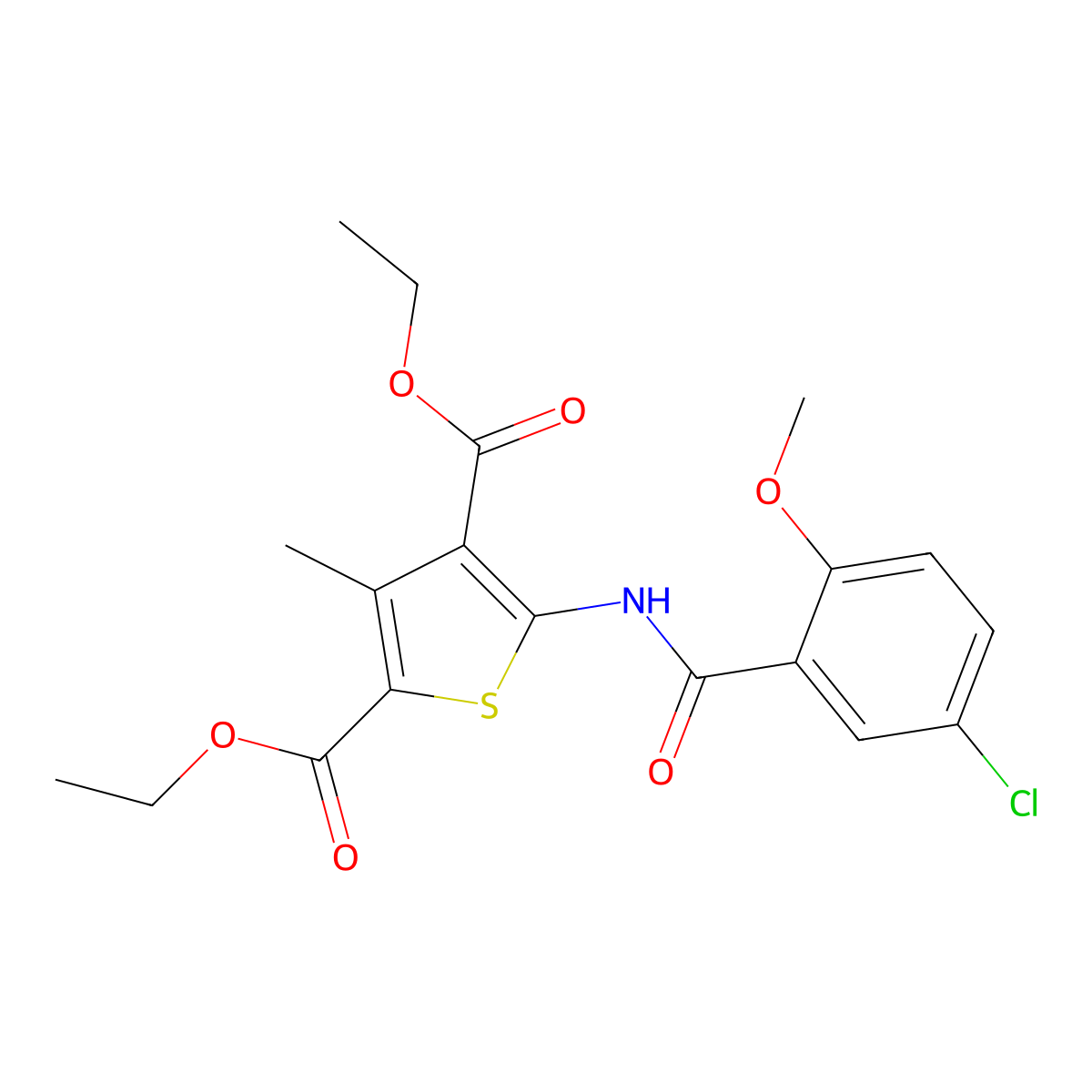 Diethyl 5-[(5-chloro-2-methoxybenzoyl)amino]-3-methylthiophene-2,4-dicarboxylate molecular structure, CAS 351061-65-9