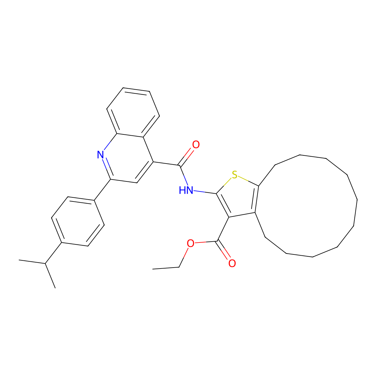 Ethyl 2-({[2-(4-isopropylphenyl)-4-quinolinyl]carbonyl}amino)-4,5,6,7,8,9,10,11,12,13-decahydrocyclododeca[b]thiophene-3-carboxylate molecular structure, CAS 351156-52-0