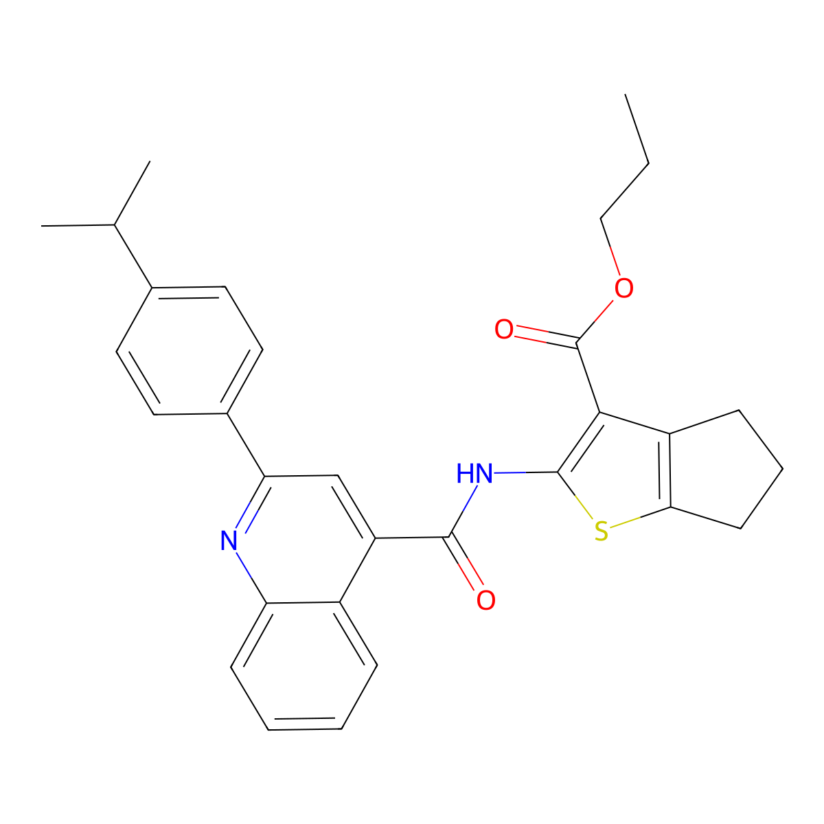 propyl 2-[({2-[4-(propan-2-yl)phenyl]quinolin-4-yl}carbonyl)amino]-5,6-dihydro-4H-cyclopenta[b]thiophene-3-carboxylate molecular structure, CAS 351156-61-1