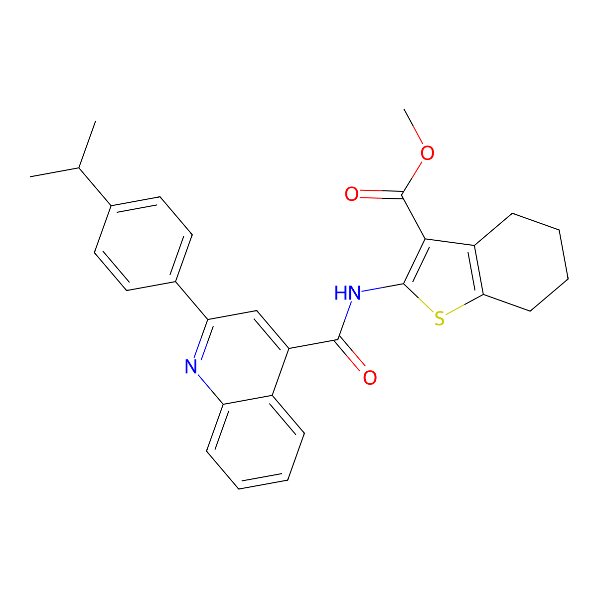 Methyl 2-[({2-[4-(propan-2-yl)phenyl]quinolin-4-yl}carbonyl)amino]-4,5,6,7-tetrahydro-1-benzothiophene-3-carboxylate molecular structure, CAS 351157-56-7