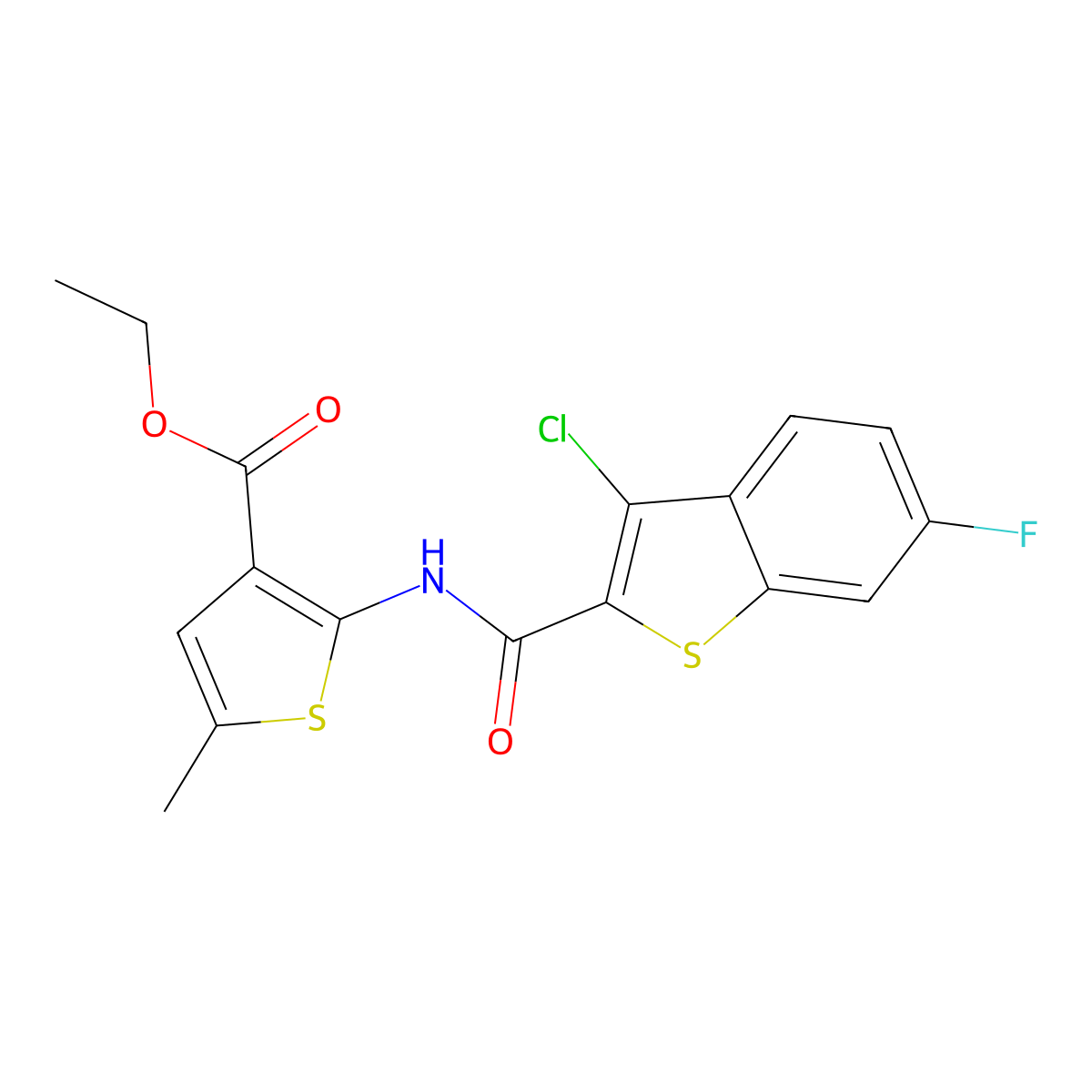 Ethyl 2-[(3-chloro-6-fluoro-1-benzothiophene-2-carbonyl)amino]-5-methylthiophene-3-carboxylate molecular structure, CAS 351158-04-8