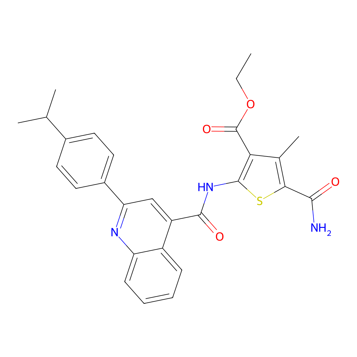Ethyl 5-carbamoyl-4-methyl-2-[[2-(4-propan-2-ylphenyl)quinoline-4-carbonyl]amino]thiophene-3-carboxylate molecular structure, CAS 351158-41-3