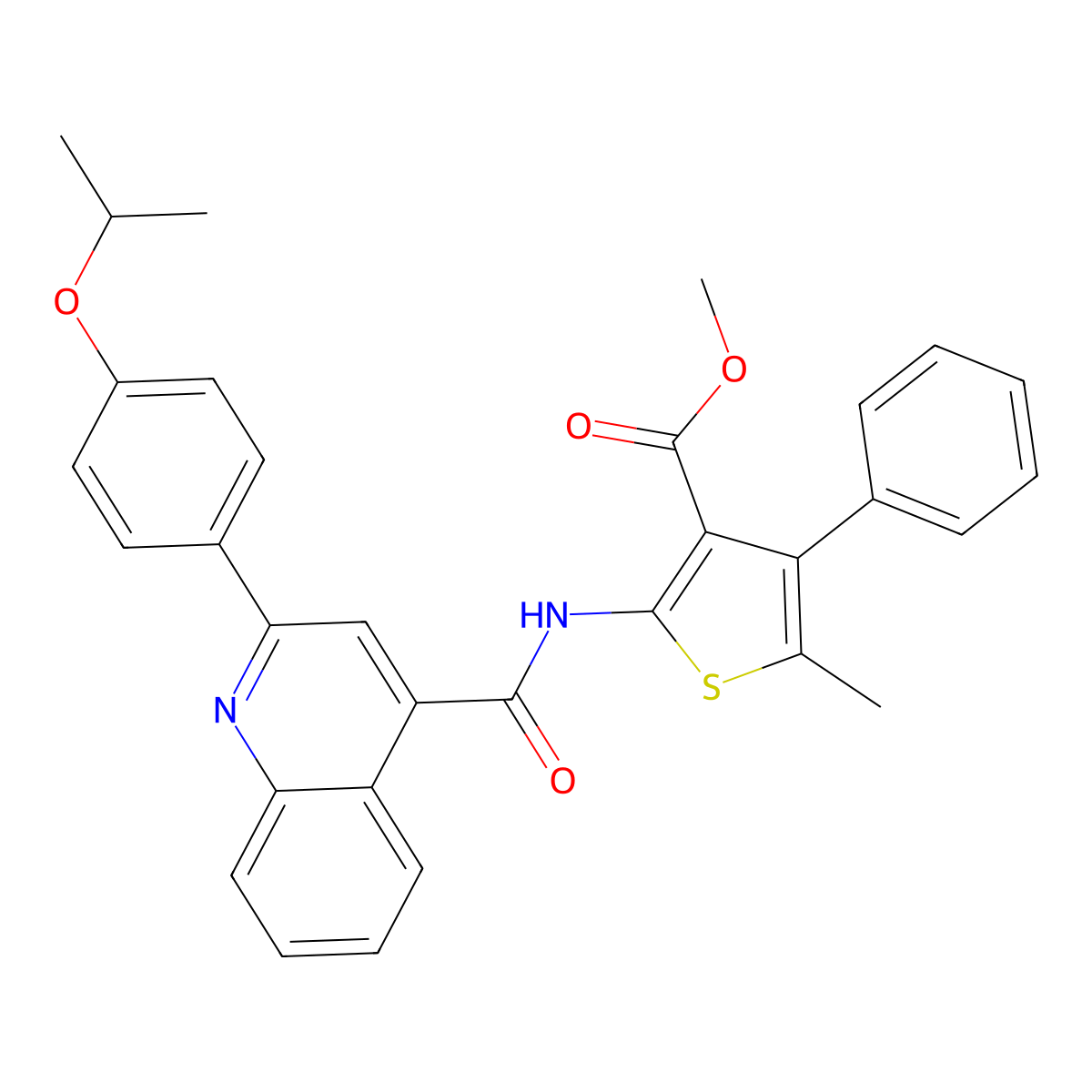 Methyl 5-methyl-4-phenyl-2-[({2-[4-(propan-2-yloxy)phenyl]quinolin-4-yl}carbonyl)amino]thiophene-3-carboxylate molecular structure, CAS 351158-51-5
