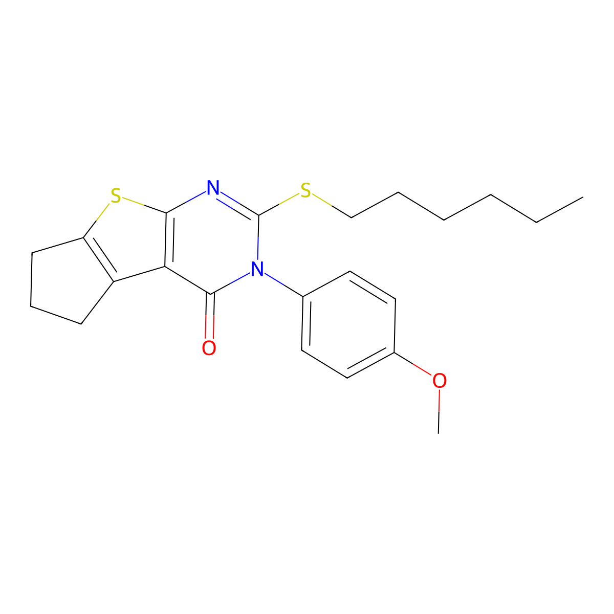 2-(hexylsulfanyl)-3-(4-methoxyphenyl)-3,5,6,7-tetrahydro-4H-cyclopenta[4,5]thieno[2,3-d]pyrimidin-4-one molecular structure, CAS 351159-65-4