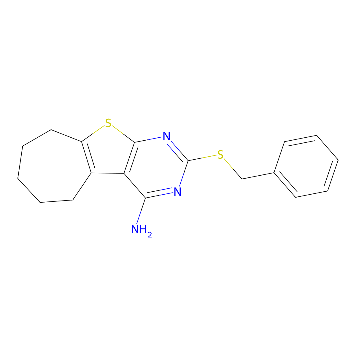 2-benzylsulfanyl-6,7,8,9-tetrahydro-5H-cyclohepta[4,5]thieno[1,2-c]pyrimidin-4-amine molecular structure, CAS 351159-73-4