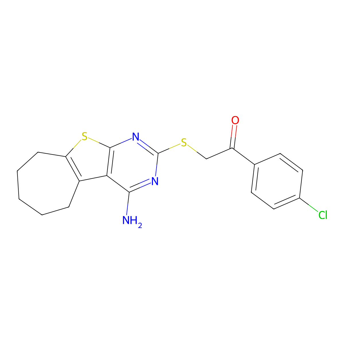 2-[(4-amino-6,7,8,9-tetrahydro-5H-cyclohepta[4,5]thieno[2,3-d]pyrimidin-2-yl)sulfanyl]-1-(4-chlorophenyl)ethanone molecular structure, CAS 351159-80-3