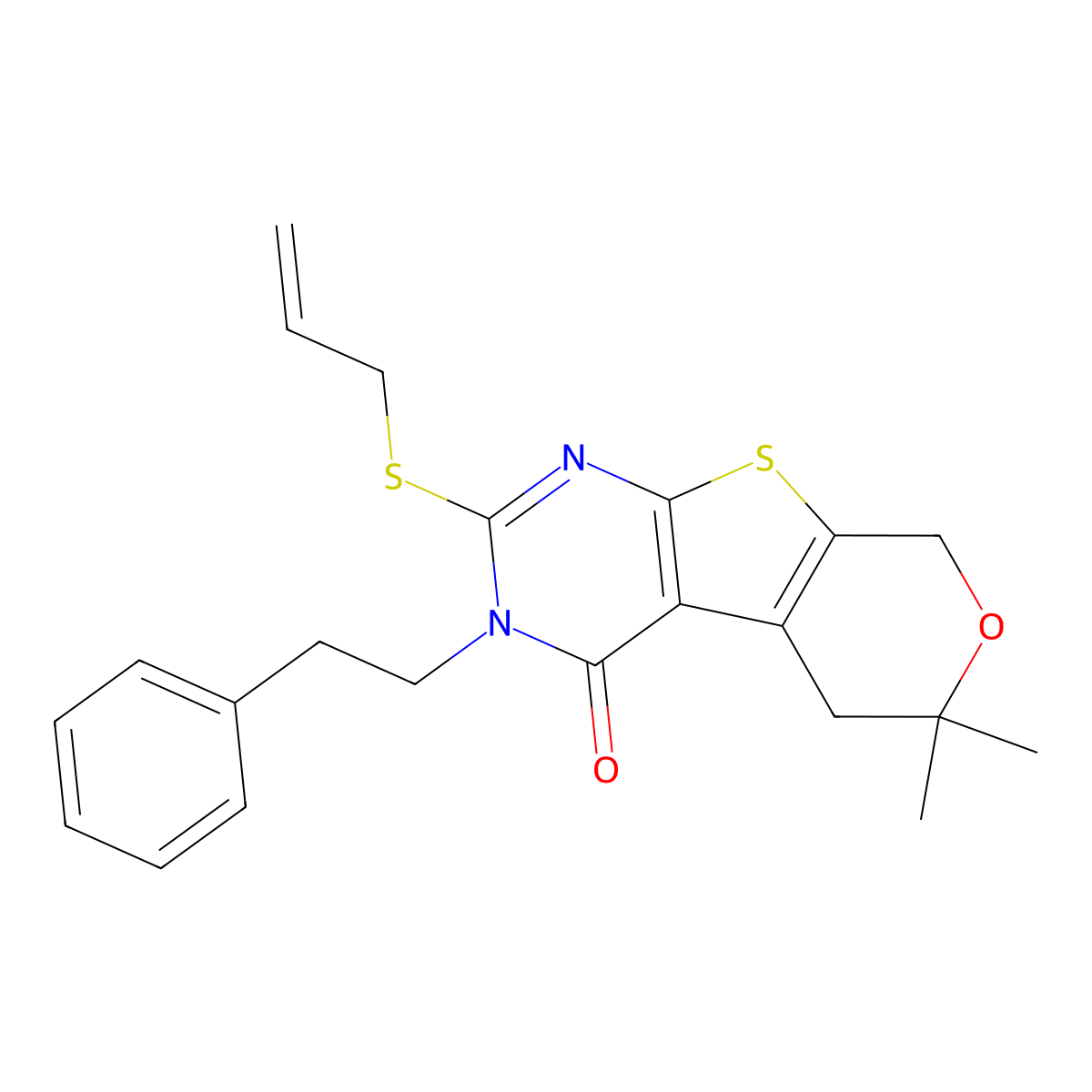 6,6-Dimethyl-3-(2-phenylethyl)-2-prop-2-enylsulfanyl-5,8-dihydropyrano[2,3]thieno[2,4-b]pyrimidin-4-one molecular structure, CAS 351159-91-6