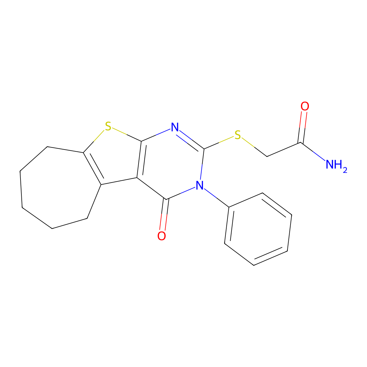 2-[(4-oxo-3-phenyl-3,5,6,7,8,9-hexahydro-4H-cyclohepta[4,5]thieno[2,3-d]pyrimidin-2-yl)sulfanyl]acetamide molecular structure, CAS 351159-97-2