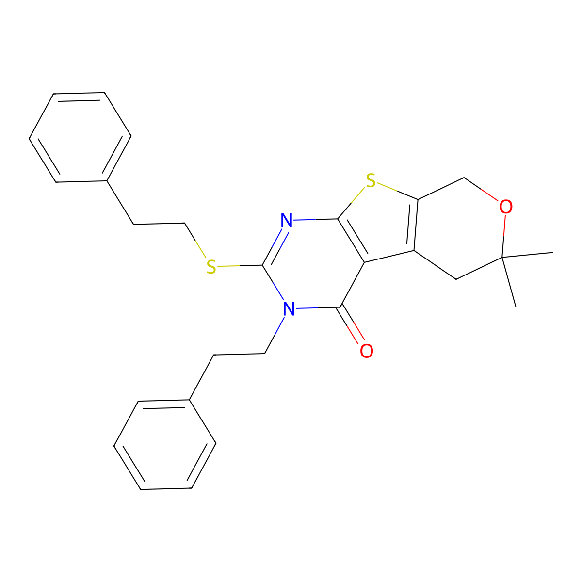6,6-dimethyl-3-(2-phenylethyl)-2-[(2-phenylethyl)sulfanyl]-3,5,6,8-tetrahydro-4H-pyrano[4',3':4,5]thieno[2,3-d]pyrimidin-4-one molecular structure, CAS 351159-99-4