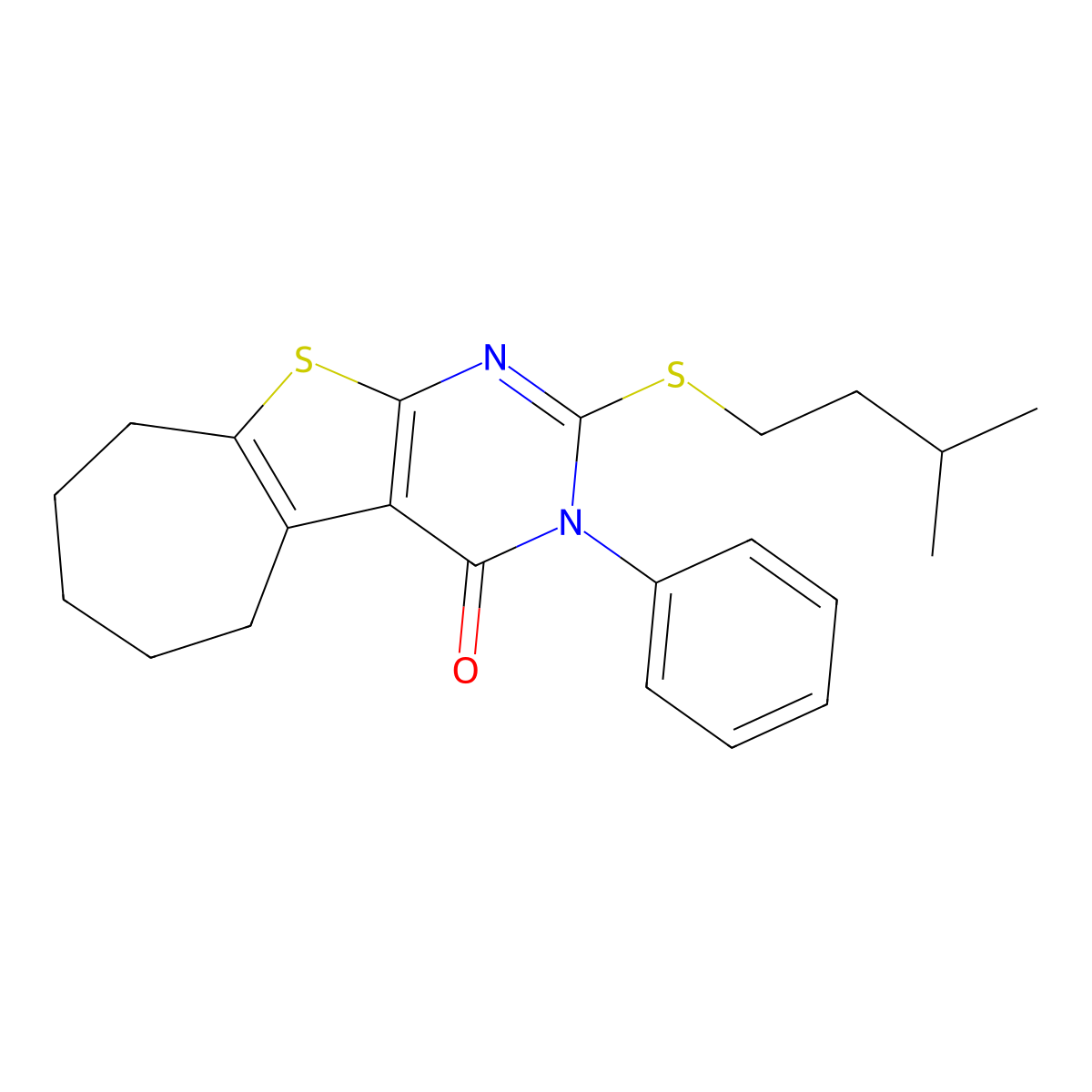 2-(isopentylsulfanyl)-3-phenyl-3,5,6,7,8,9-hexahydro-4H-cyclohepta[4,5]thieno[2,3-d]pyrimidin-4-one molecular structure, CAS 351160-02-6