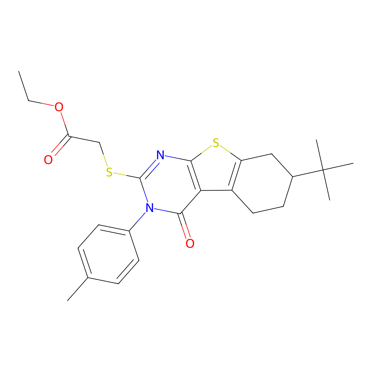 Ethyl {[7-tert-butyl-3-(4-methylphenyl)-4-oxo-3,4,5,6,7,8-hexahydro[1]benzothieno[2,3-d]pyrimidin-2-yl]sulfanyl}acetate molecular structure, CAS 351160-08-2