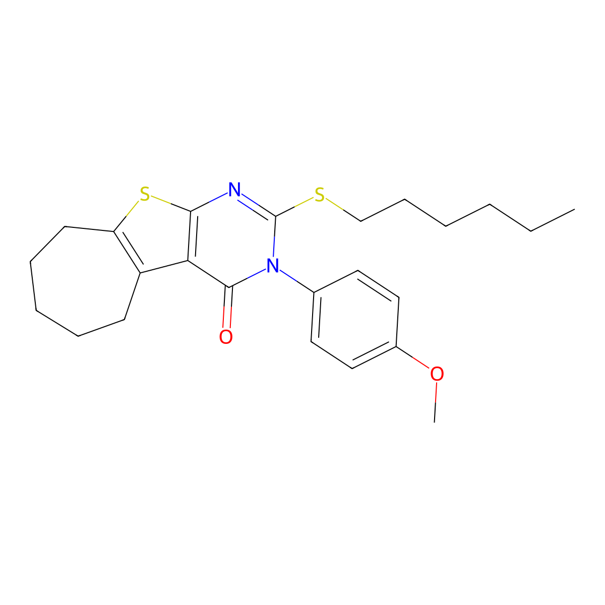 2-(hexylsulfanyl)-3-(4-methoxyphenyl)-3,5,6,7,8,9-hexahydro-4H-cyclohepta[4,5]thieno[2,3-d]pyrimidin-4-one molecular structure, CAS 351160-25-3