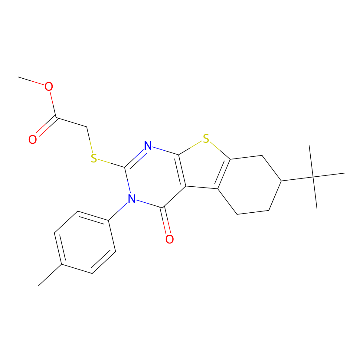 Methyl 2-[[7-tert-butyl-3-(4-methylphenyl)-4-oxo-5,6,7,8-tetrahydro-[1]benzothiolo[2,3-d]pyrimidin-2-yl]sulfanyl]acetate molecular structure, CAS 351160-37-7
