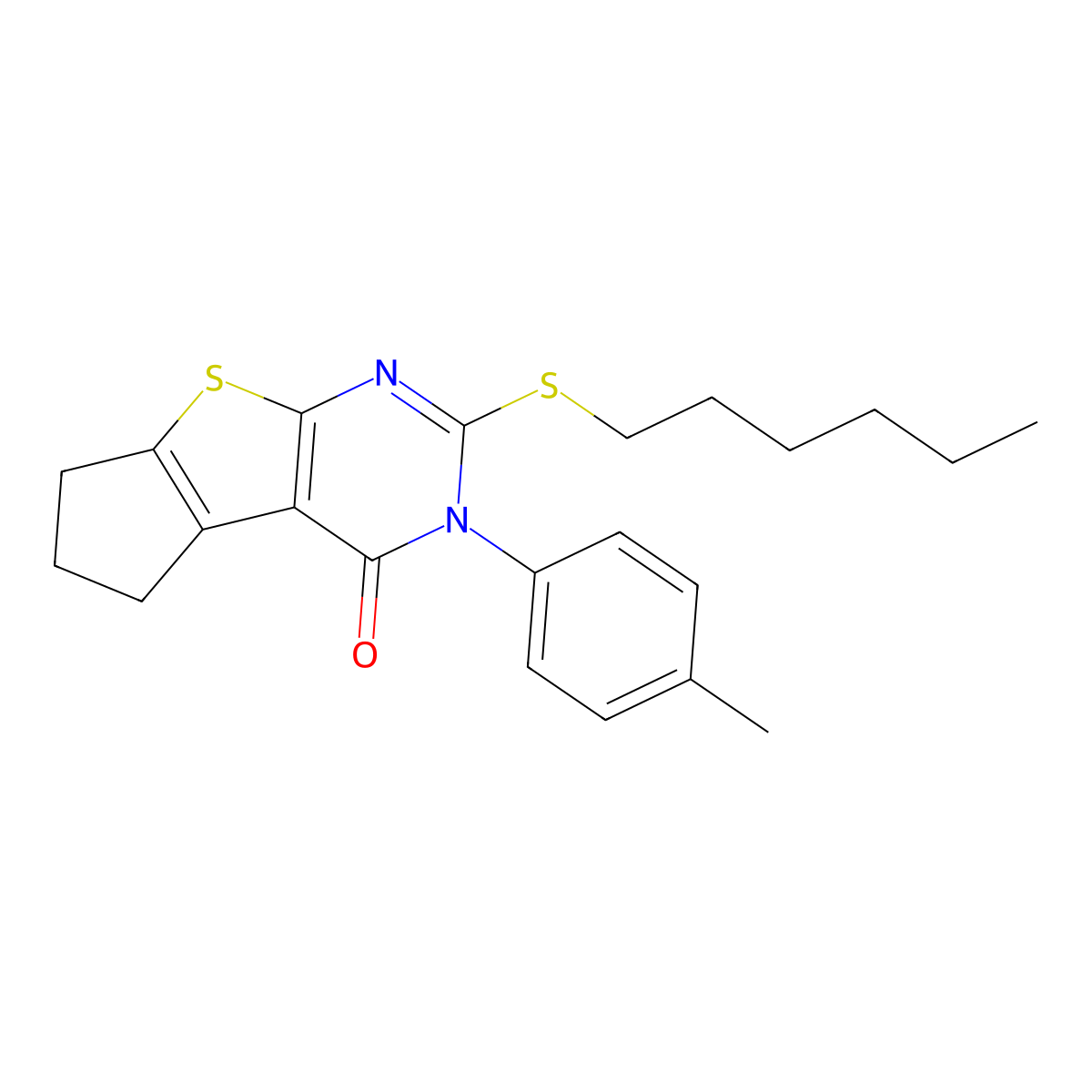 2-(hexylsulfanyl)-3-(4-methylphenyl)-3,5,6,7-tetrahydro-4H-cyclopenta[4,5]thieno[2,3-d]pyrimidin-4-one molecular structure, CAS 351160-38-8
