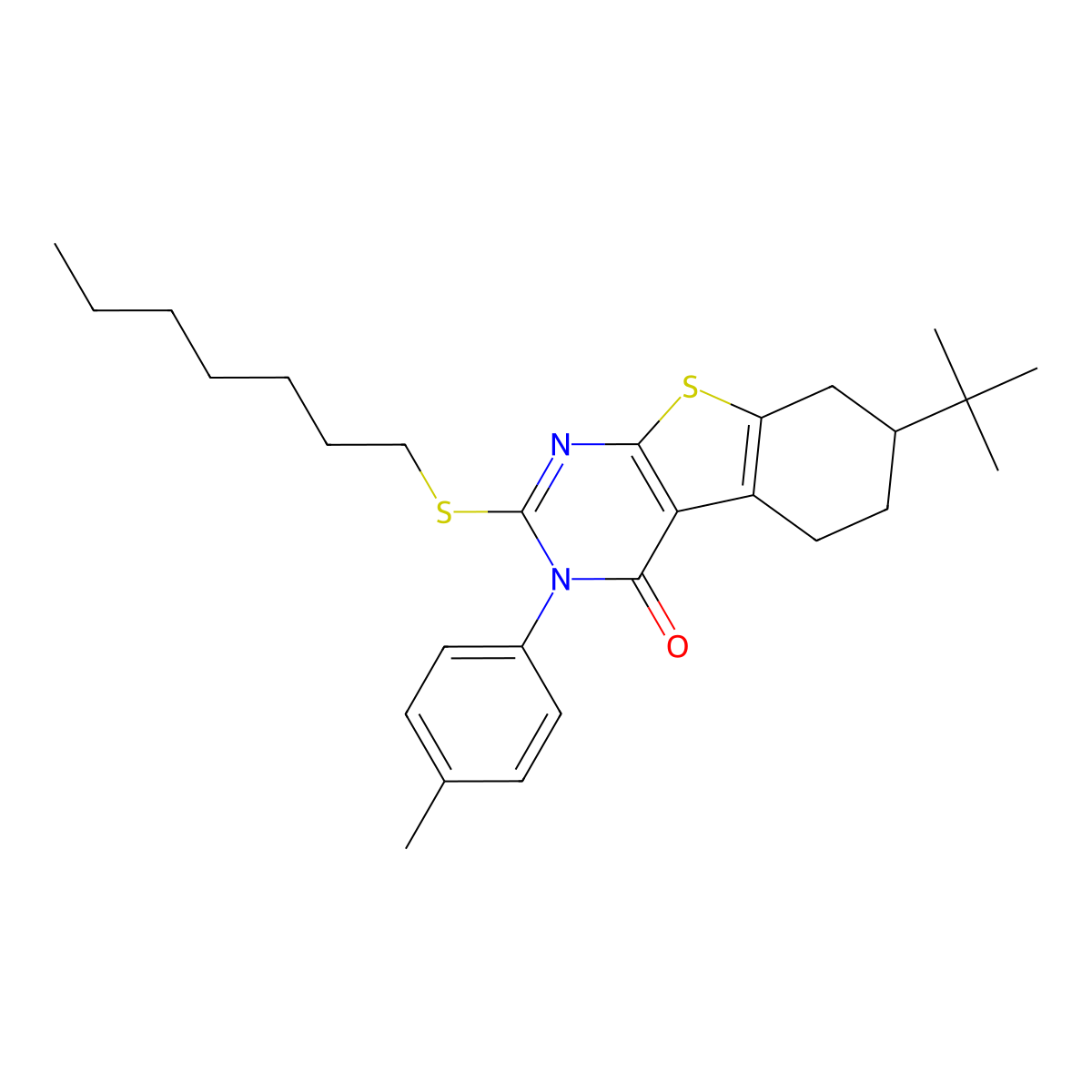 7-Tert-butyl-2-heptylsulfanyl-3-(4-methylphenyl)-5,6,7,8-tetrahydro-[1]benzothiolo[2,3-d]pyrimidin-4-one molecular structure, CAS 351160-45-7