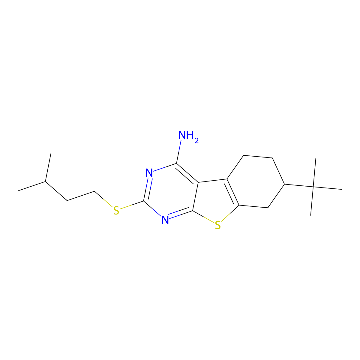7-Tert-butyl-2-(3-methylbutylsulfanyl)-5,6,7,8-tetrahydro-[1]benzothiolo[2,3-d]pyrimidin-4-amine molecular structure, CAS 351160-47-9