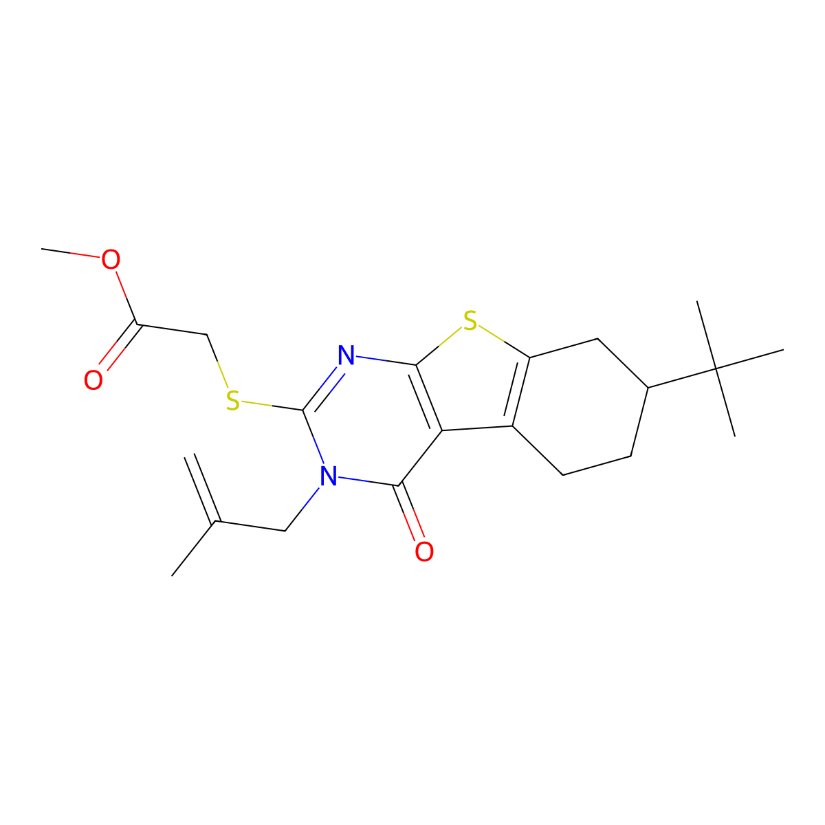 Methyl 2-[[7-tert-butyl-3-(2-methylprop-2-enyl)-4-oxo-5,6,7,8-tetrahydro-[1]benzothiolo[2,3-d]pyrimidin-2-yl]sulfanyl]acetate molecular structure, CAS 351160-49-1