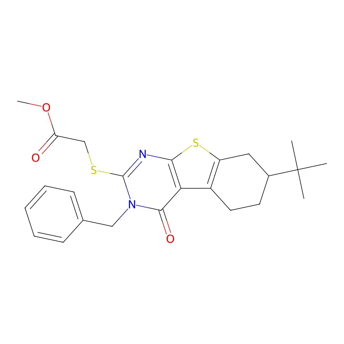 Methyl 2-[(3-benzyl-7-tert-butyl-4-oxo-5,6,7,8-tetrahydro-[1]benzothiolo[2,3-d]pyrimidin-2-yl)sulfanyl]acetate molecular structure, CAS 351160-57-1