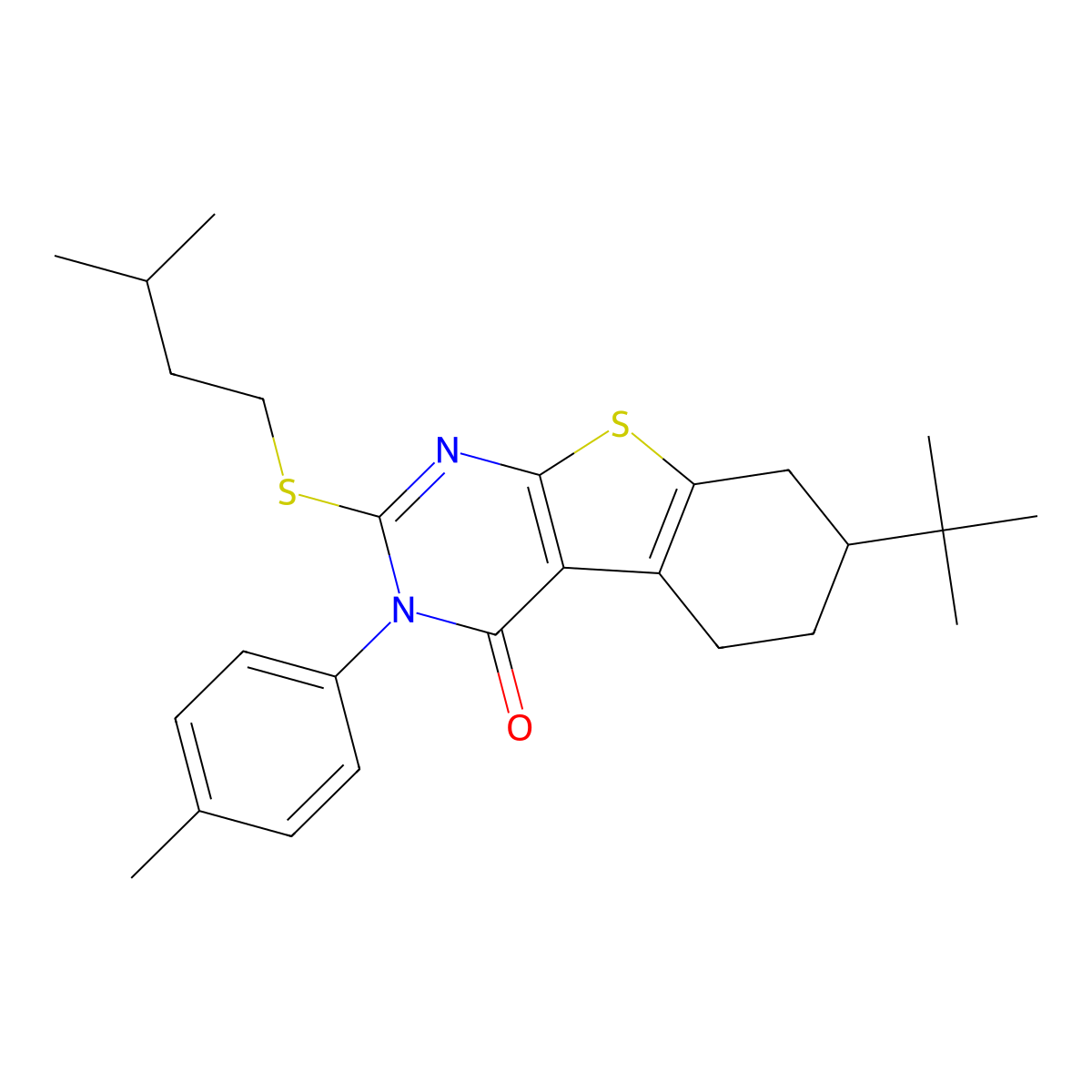 7-Tert-butyl-2-(3-methylbutylsulfanyl)-3-(4-methylphenyl)-5,6,7,8-tetrahydro-[1]benzothiolo[2,3-d]pyrimidin-4-one molecular structure, CAS 351160-61-7