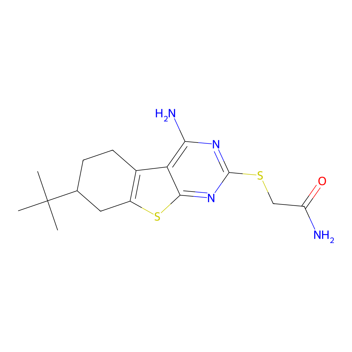 2-[(4-Amino-7-tert-butyl-5,6,7,8-tetrahydro[1]benzothieno[2,3-d]pyrimidin-2-yl)sulfanyl]acetamide molecular structure, CAS 351160-78-6