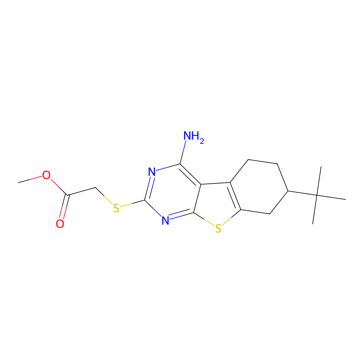 Methyl 2-[(4-amino-7-tert-butyl-5,6,7,8-tetrahydro-[1]benzothiolo[2,3-d]pyrimidin-2-yl)sulfanyl]acetate molecular structure, CAS 351160-80-0