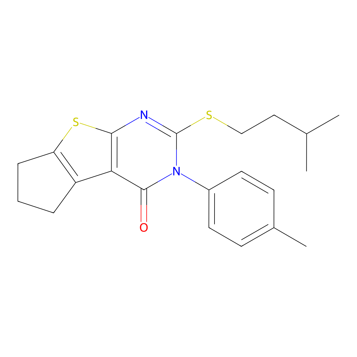 2-(isopentylsulfanyl)-3-(4-methylphenyl)-3,5,6,7-tetrahydro-4H-cyclopenta[4,5]thieno[2,3-d]pyrimidin-4-one molecular structure, CAS 351160-81-1