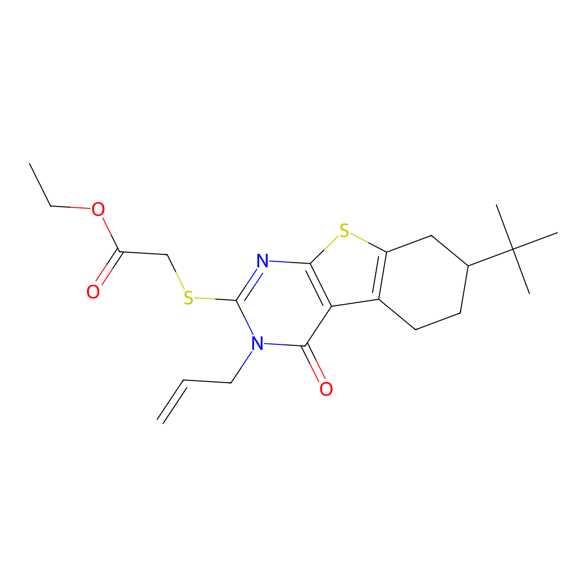 Ethyl 2-[(7-tert-butyl-4-oxo-3-prop-2-enyl-5,6,7,8-tetrahydro-[1]benzothiolo[2,3-d]pyrimidin-2-yl)sulfanyl]acetate molecular structure, CAS 351160-83-3