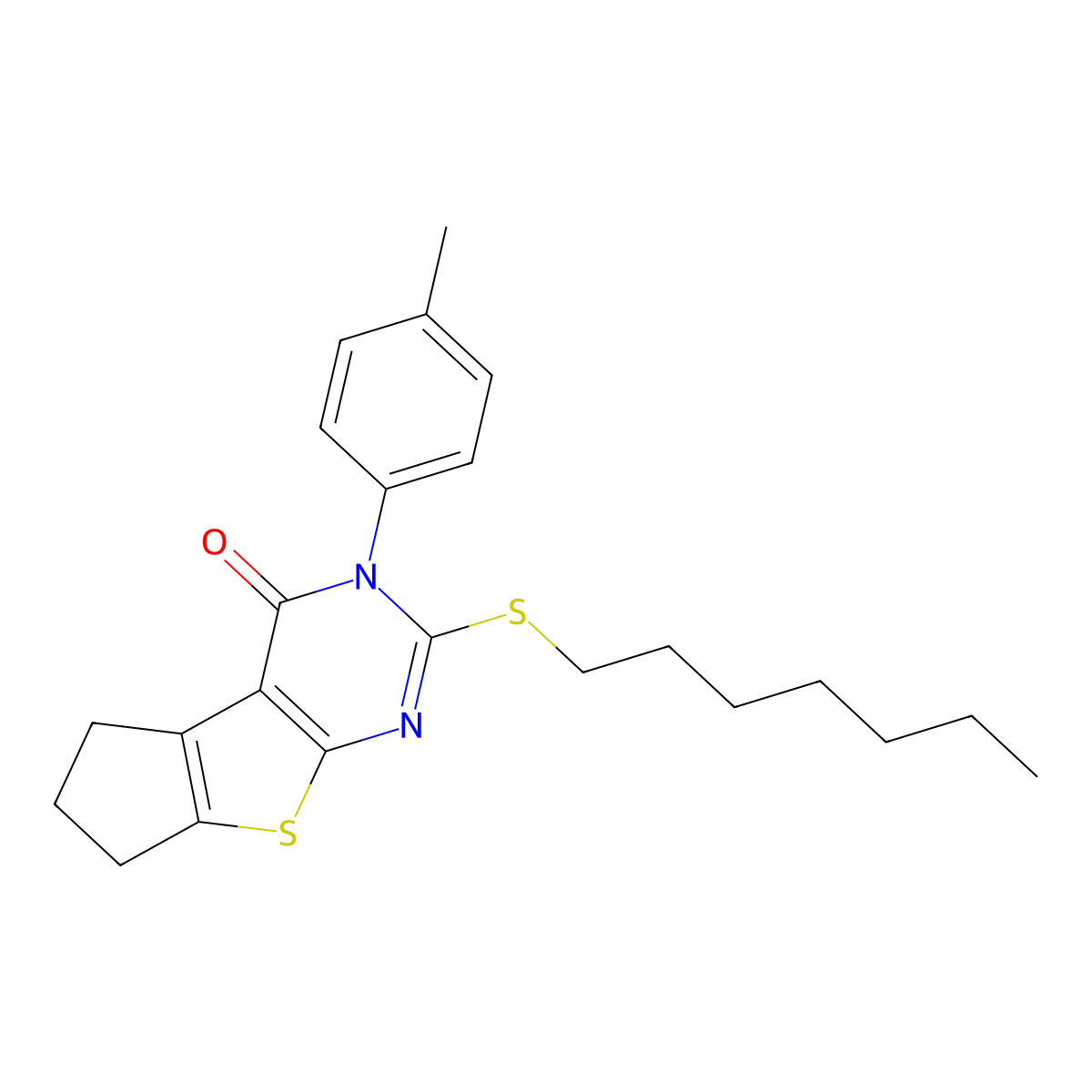 2-(heptylsulfanyl)-3-(4-methylphenyl)-3,5,6,7-tetrahydro-4H-cyclopenta[4,5]thieno[2,3-d]pyrimidin-4-one molecular structure, CAS 351160-85-5
