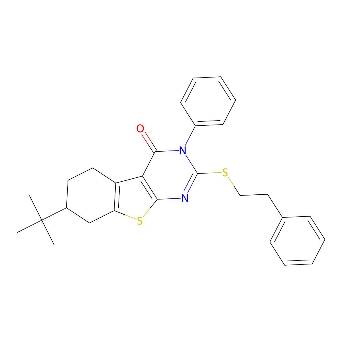 7-tert-butyl-3-phenyl-2-[(2-phenylethyl)sulfanyl]-5,6,7,8-tetrahydro[1]benzothieno[2,3-d]pyrimidin-4(3H)-one molecular structure, CAS 351160-92-4
