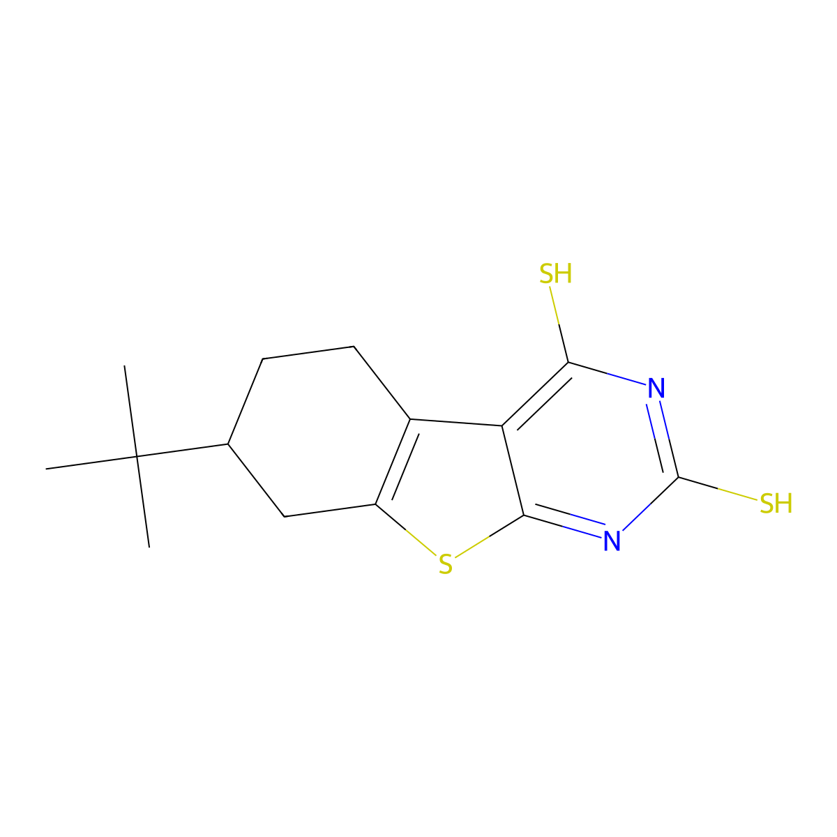 7-tert-butyl-2-mercapto-5,6,7,8-tetrahydro[1]benzothieno[2,3-d]pyrimidine-4(3H)-thione molecular structure, CAS 351161-24-5