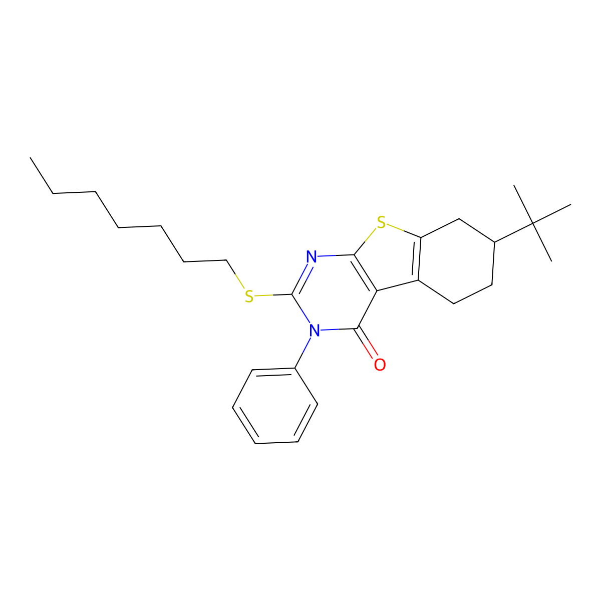 7-tert-butyl-2-(heptylsulfanyl)-3-phenyl-5,6,7,8-tetrahydro[1]benzothieno[2,3-d]pyrimidin-4(3H)-one molecular structure, CAS 351161-34-7