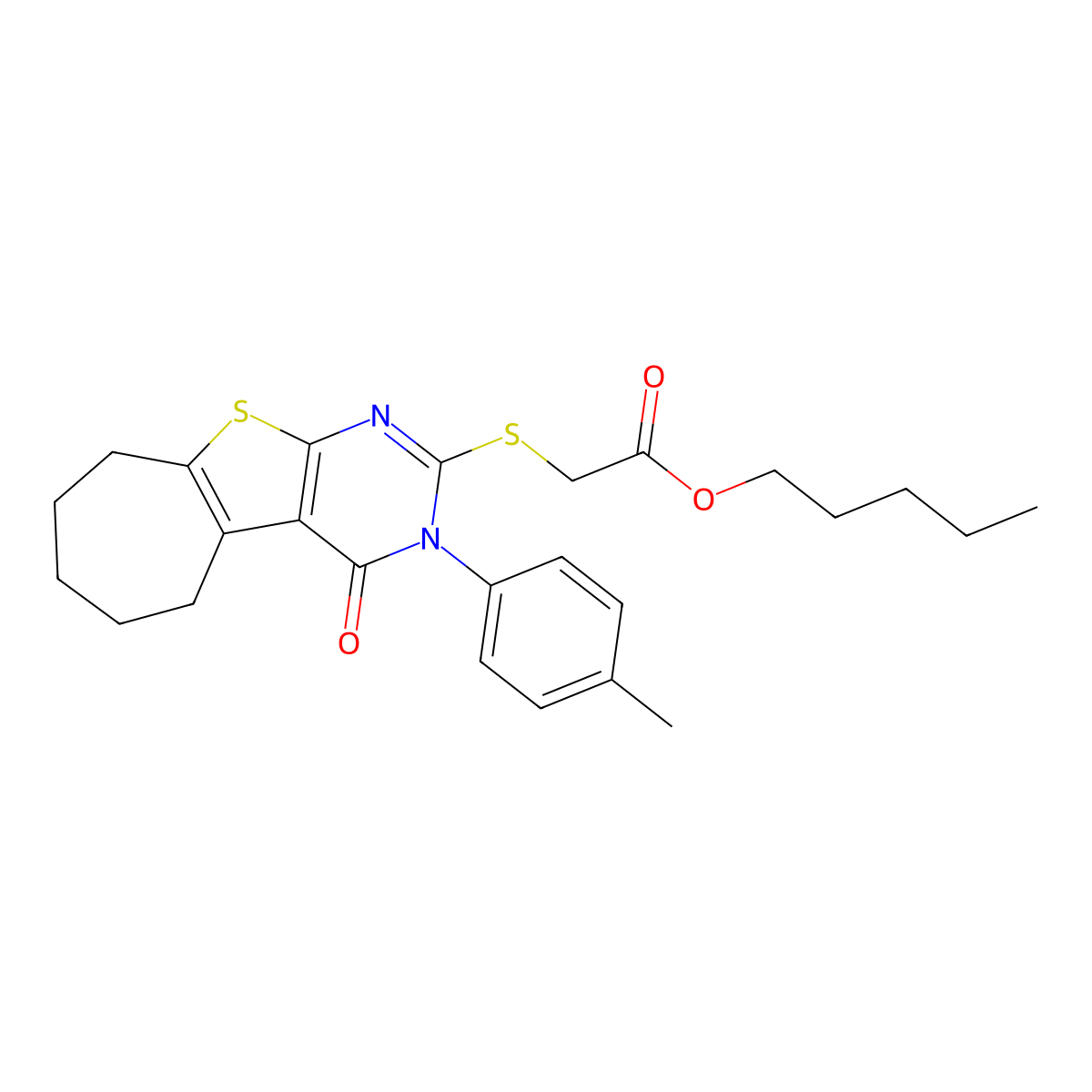 pentyl 2-((4-oxo-3-(p-tolyl)-4,5,6,7,8,9-hexahydro-3H-cyclohepta[4,5]thieno[2,3-d]pyrimidin-2-yl)thio)acetate molecular structure, CAS 351161-77-8